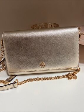 Tory Burch Metallic Gold Saffiano Crossbody Wallet